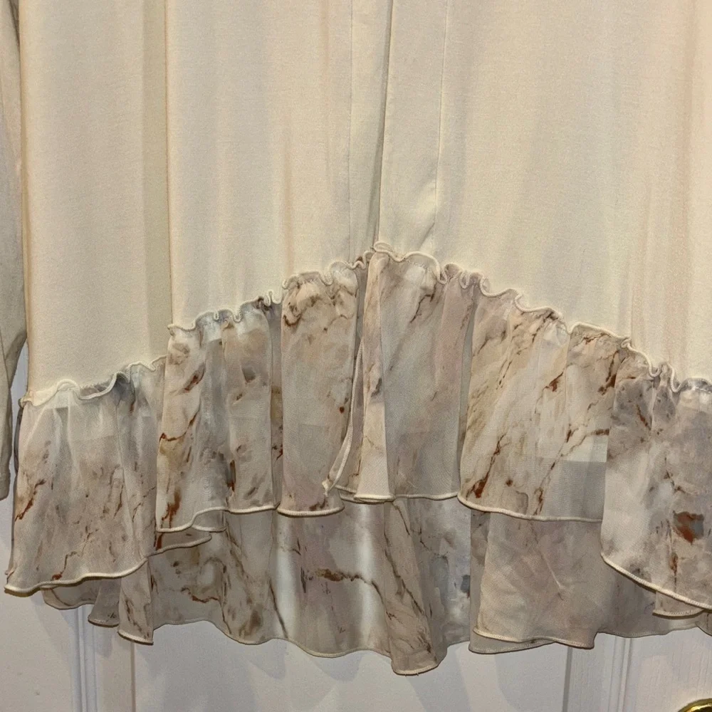 LOGO by Lori Goldstein Cream Light Weight Jacket HiLo Floral Sheer Ruffle Hem